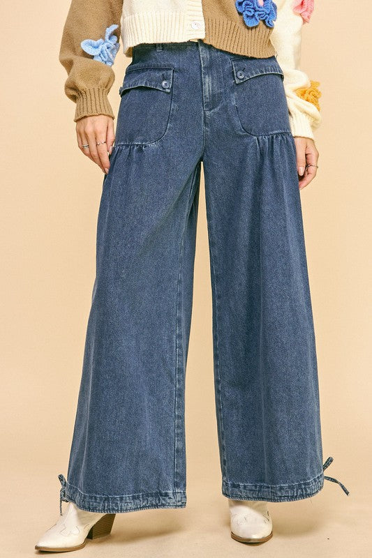 Davi & Dani USA Women Jeans Drawstring Hem Wide Leg Mid Rise Denim Pants