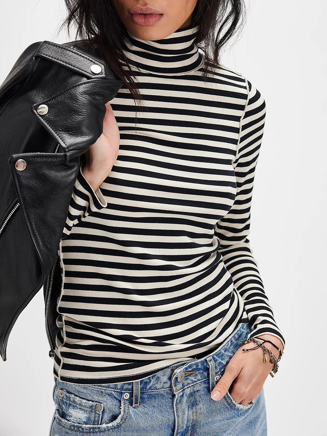 Striped Turtleneck T-Shirt Cotton Blend Women Exposed Seam Long Sleeve