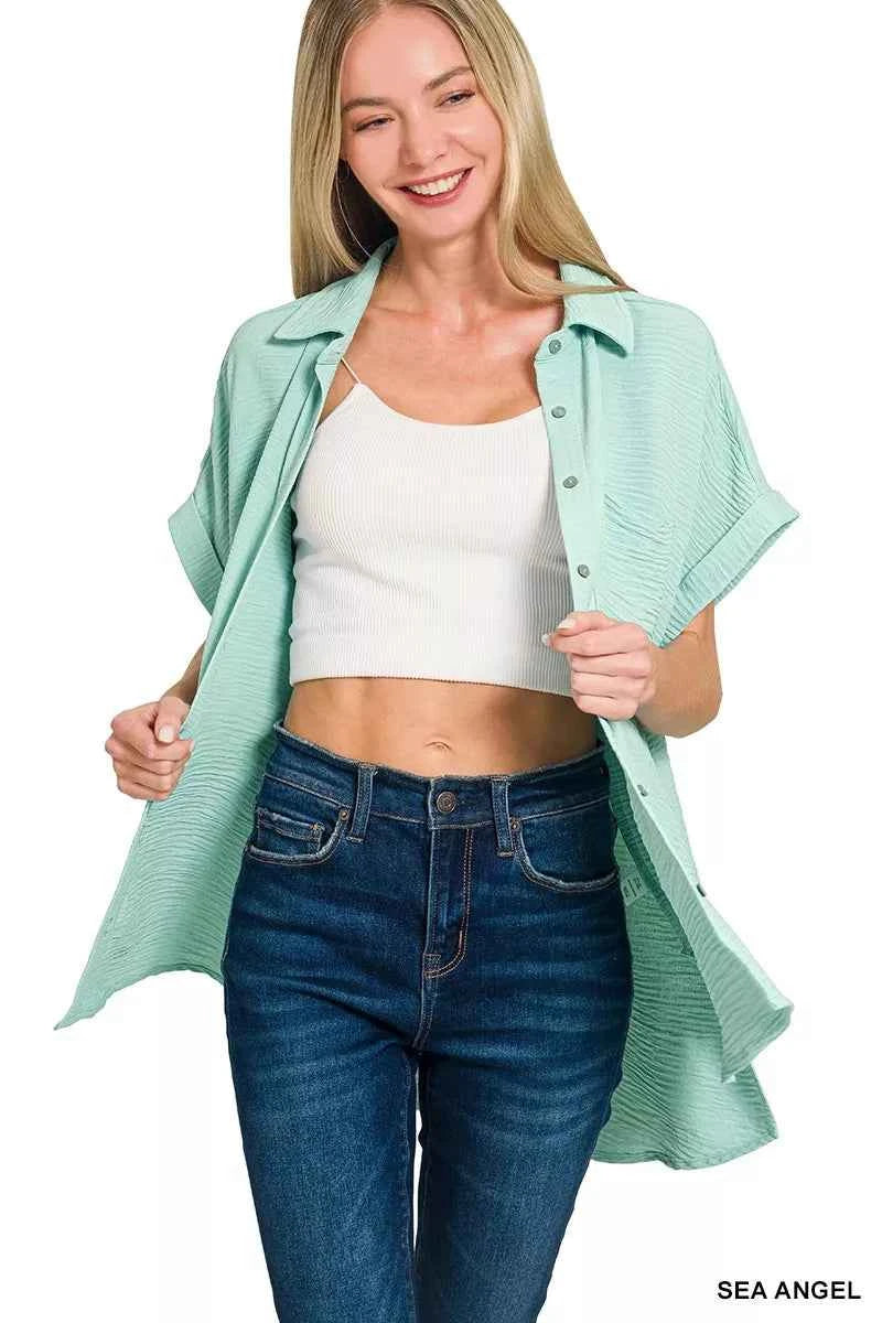 Zenana Woven Airflow Button Down Shirt