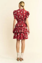 Davi & Dani Ruffle Mini Dress Rust Floral Flutter Short Sleeve Tie Belt Tiered 9d0824b31c7e48fcb81d142e97221754-Max-Origin Trendsi