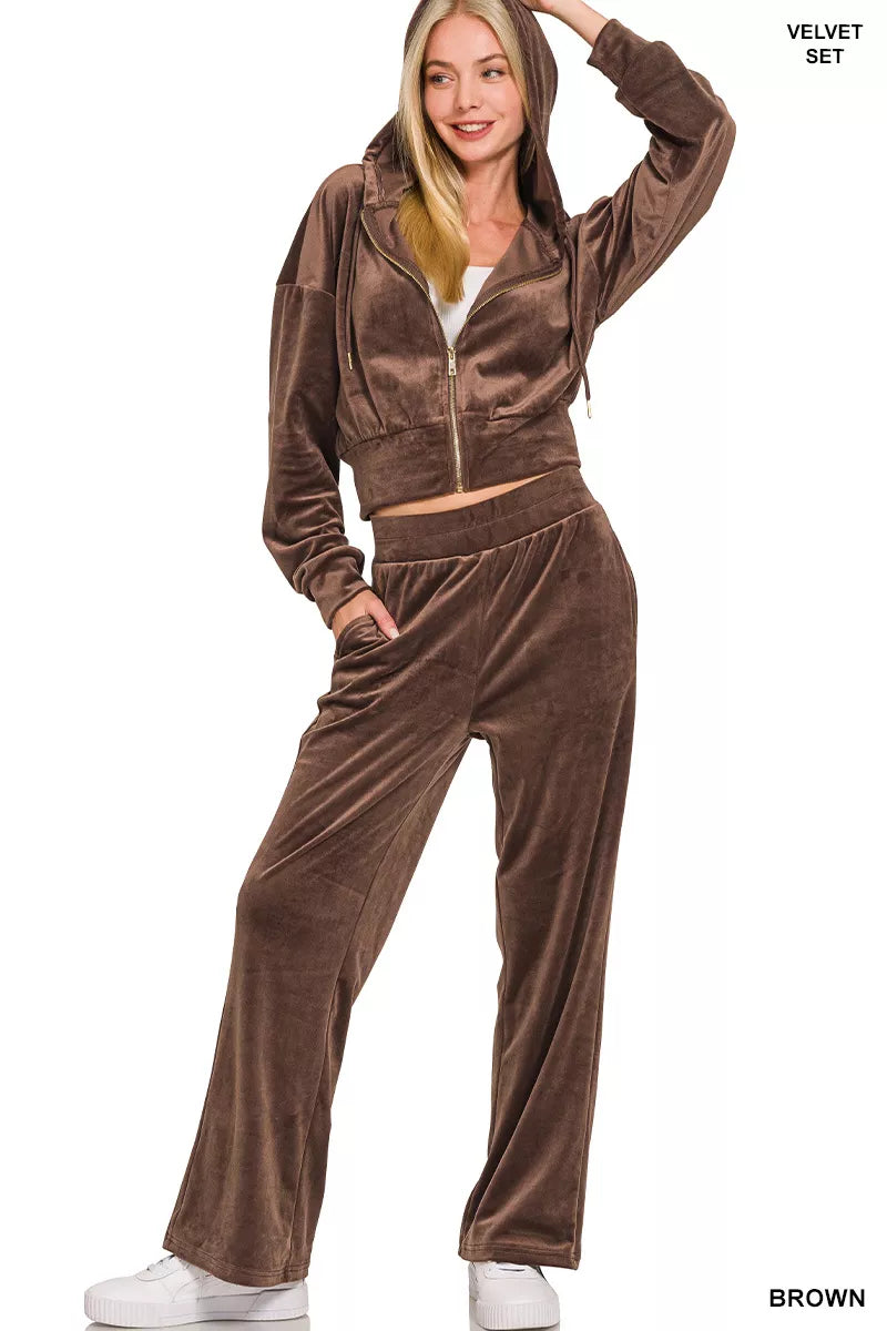 Zenana Womens Outfit Set Velvet Brown Zip Up Hoodie and Pants 9d086adf-558d-4bac-9ec8-89666012a178-Max-Origin Trendsi