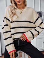 Striped Sweater Round Neck Dropped Shoulder Bell Long Sleeve 9d0aba1f-be33-44b4-9d11-e1ea8a187f29-Max Trendsi
