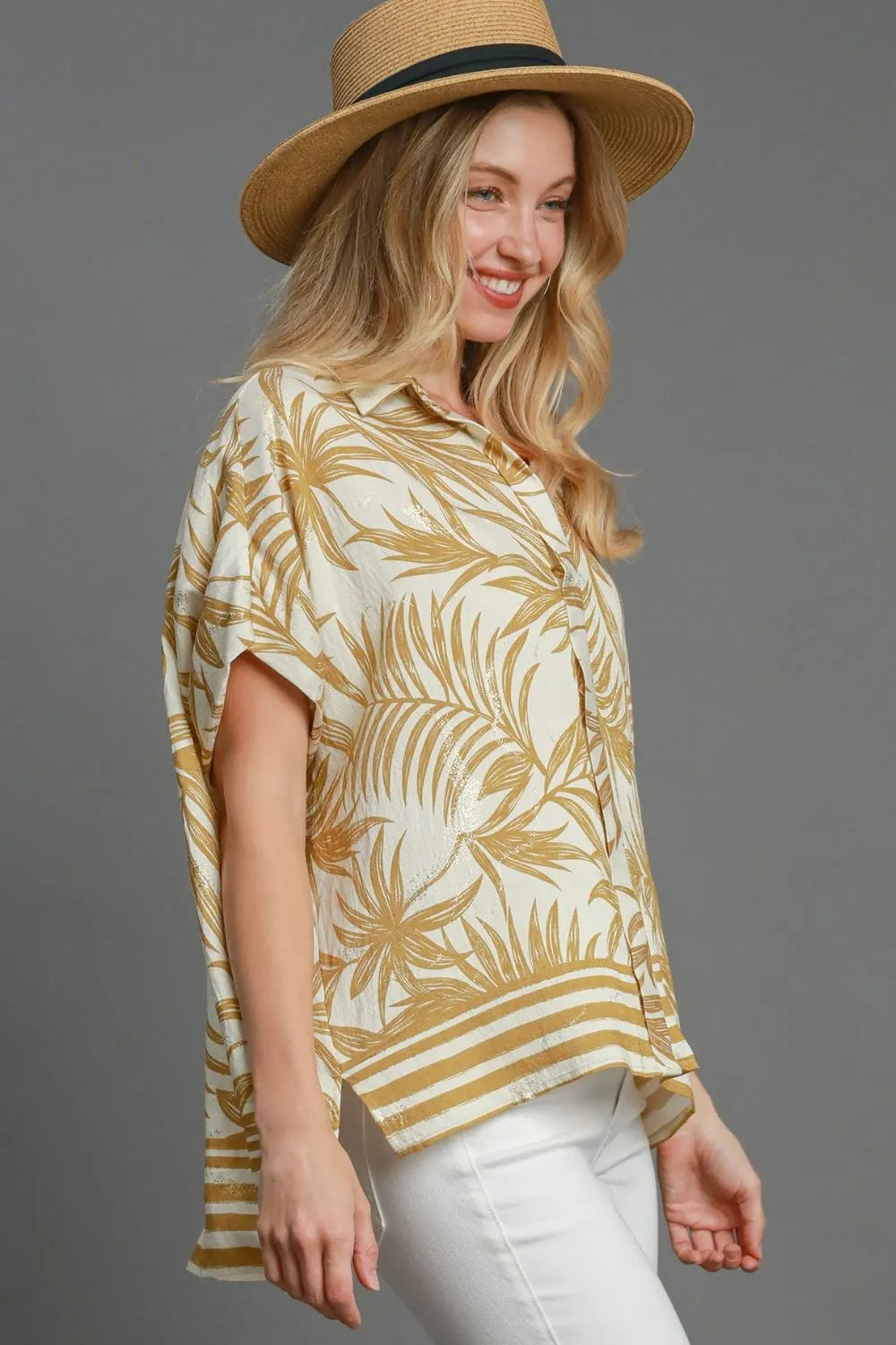 Umgee Shirt Floral Tropical Print Mustard Top Short Sleeve Side Slit 9d0e2190-71bd-4dc2-bc88-e4e1553b2745-Max-Origin Trendsi