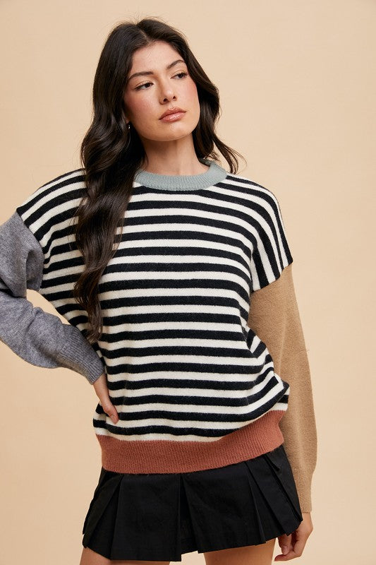 Annie Wear Striped Color Block Round Neck Sweater Long Sleeve 9d13c67a-e1fa-4747-901c-89d3810a97d8-Max Trendsi