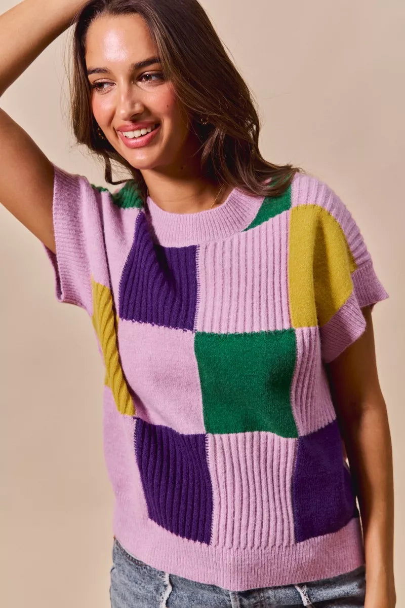 SO ME Casual Sweater Top Women Mardi Gras Check Plaid Short Sleeve Top 9d16ca398cf047e68eabec05a3a663ca-Max-Origin Trendsi