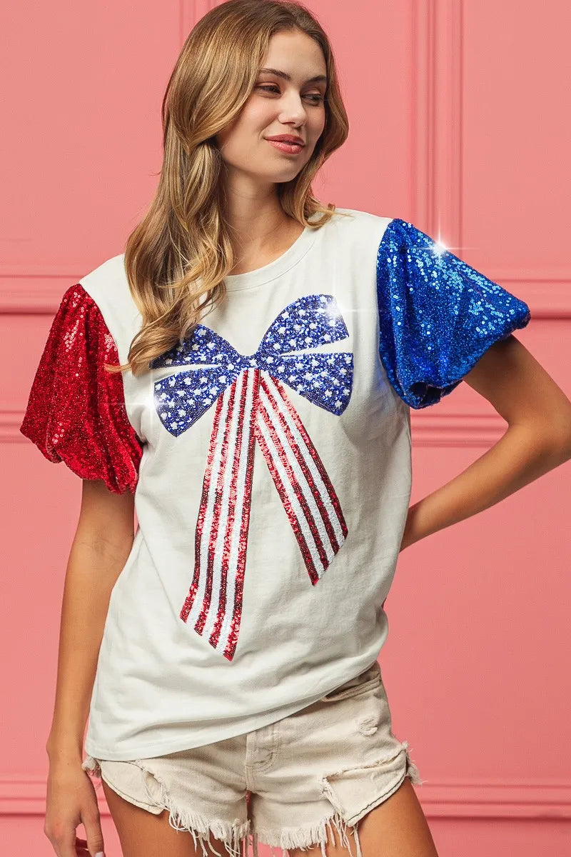 BiBi Cotton T-shirt Sequin American Flag Bow Top Short Puff Sleeve 9d17a14a3e88437189d1af289e0b86de-Max-Origin Trendsi