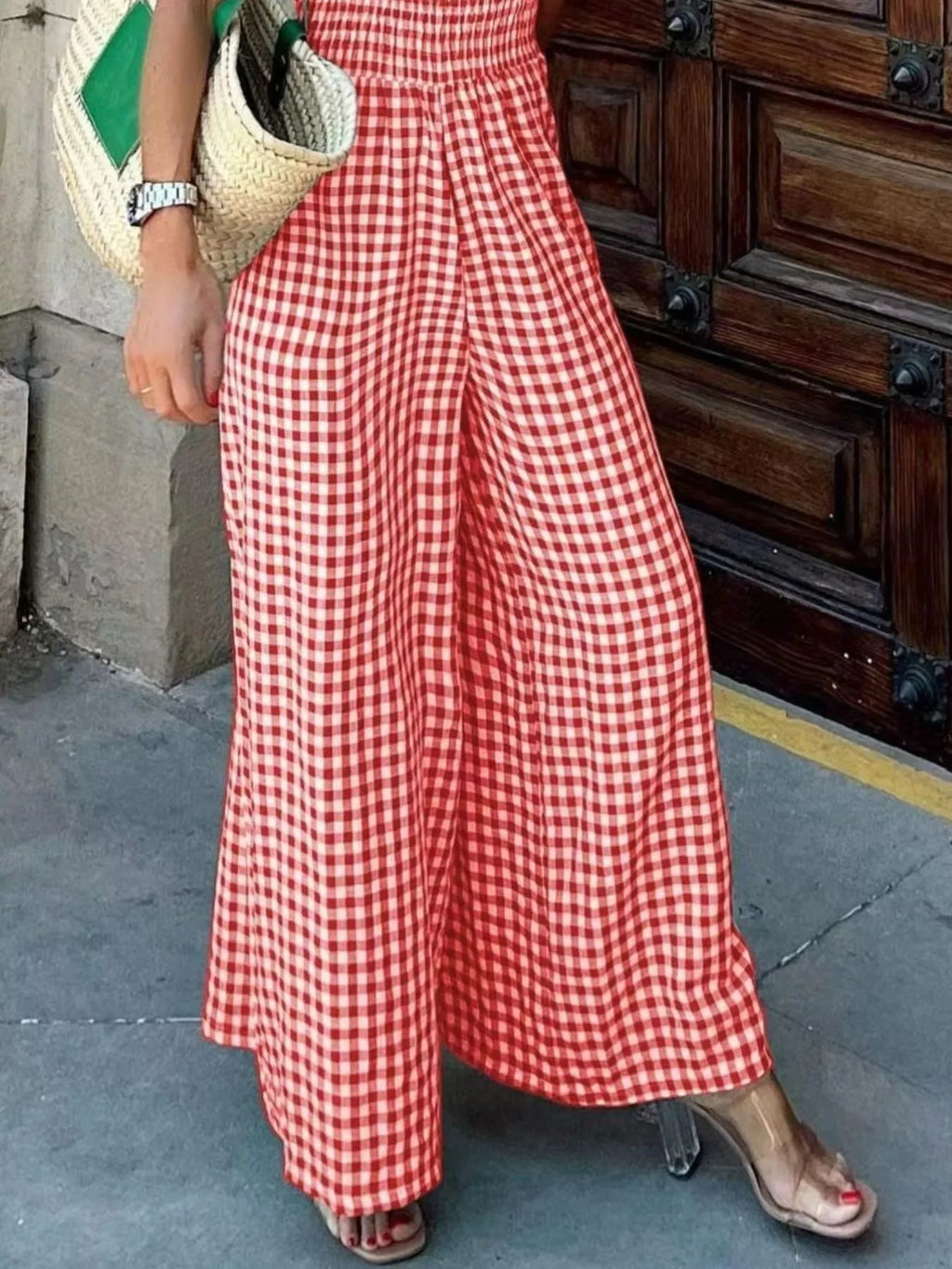 Women's Jumpsuit Gingham Plaid Smocked High Waist Wide-Leg Overall 9d1946ac-1314-44c2-a670-2c7451831d3f-Max-Origin Trendsi