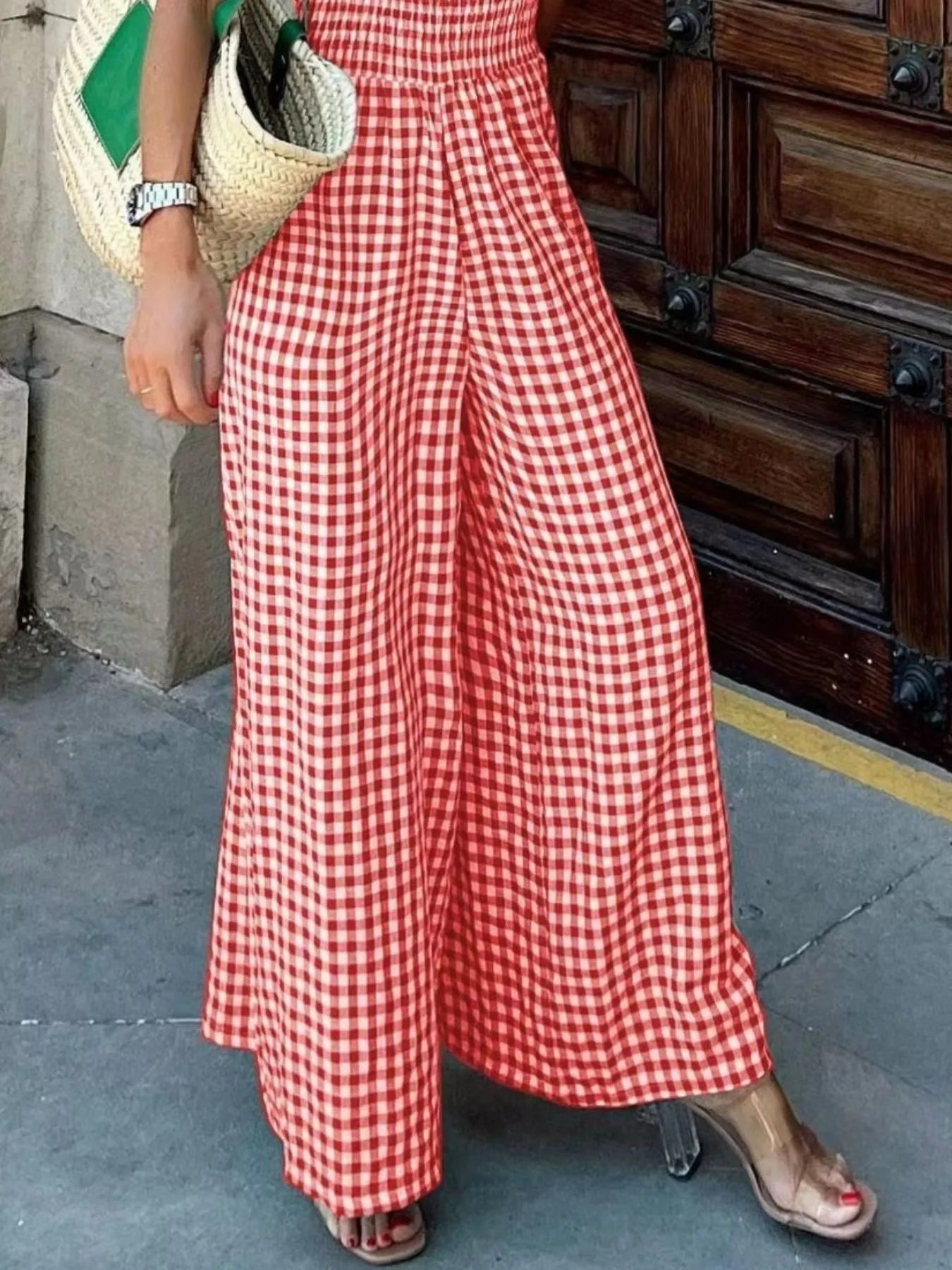 Women's Jumpsuit Gingham Plaid Smocked High Waist Wide-Leg Overall 9d1946ac-1314-44c2-a670-2c7451831d3f-Max-Origin Trendsi