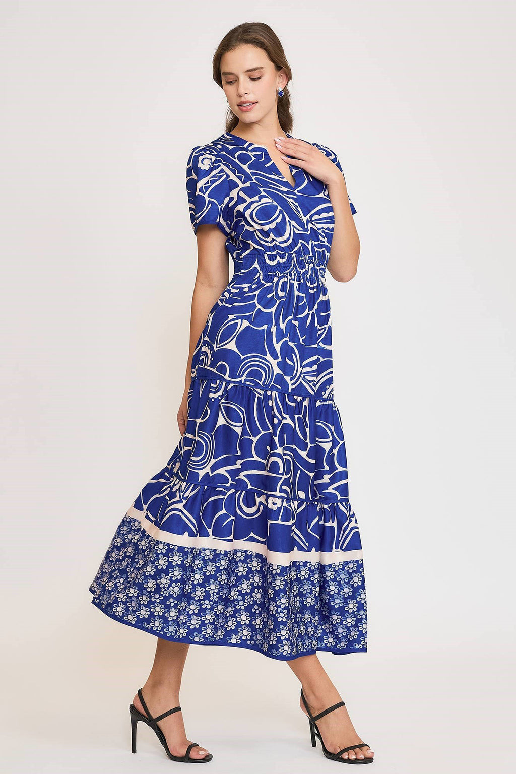 Umgee Midi Dress Royal Blue Printed Notched Short Sleeve Tiered 9d1a0537-da3d-45b3-856d-a79e59344d44-Max Trendsi