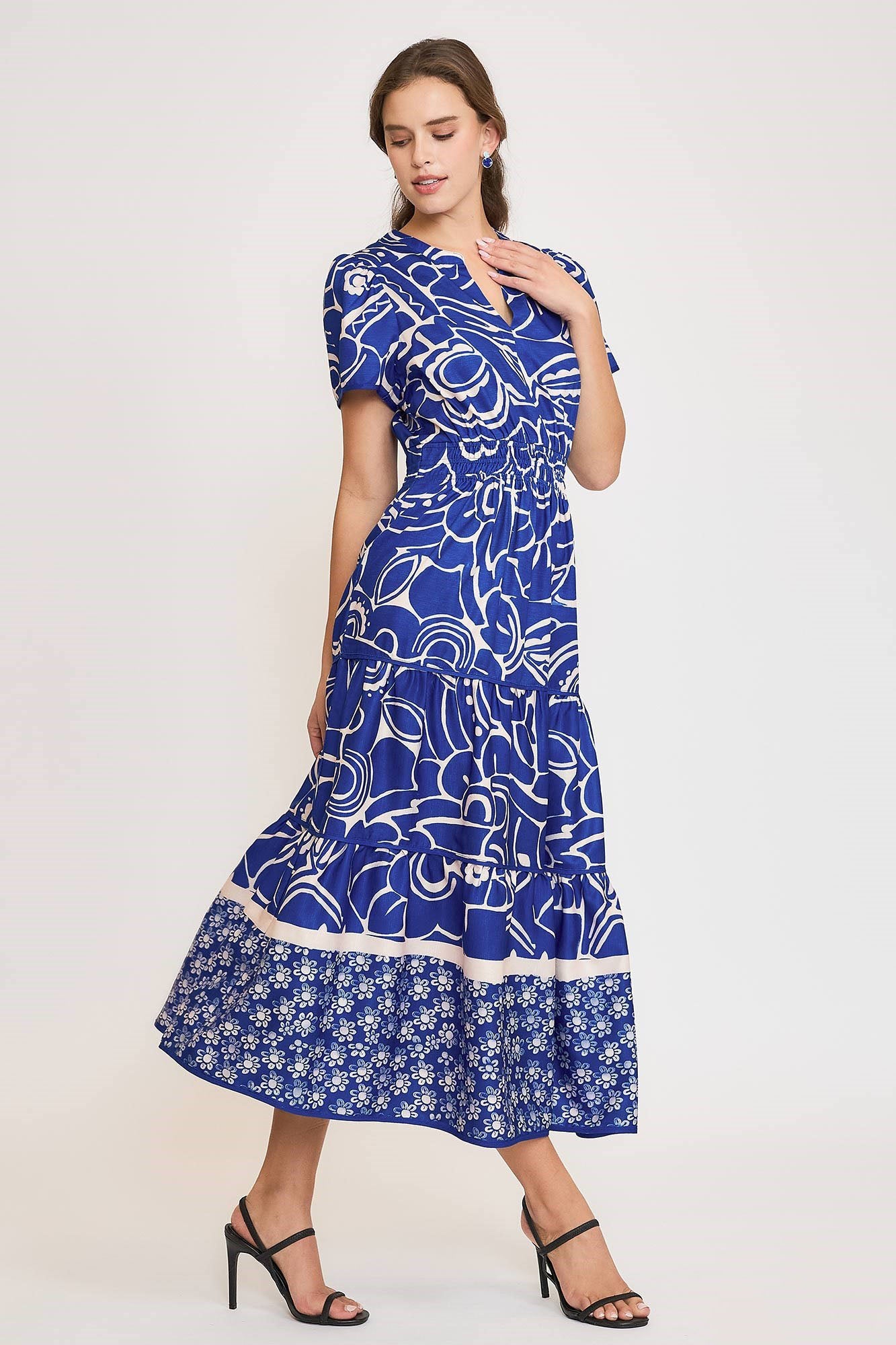 Umgee Midi Dress Royal Blue Printed Notched Short Sleeve Tiered 9d1a0537-da3d-45b3-856d-a79e59344d44-Max Trendsi