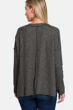 Zenana Black Women Sweater Exposed Seam Brushed Round Neck High-Low 9d1a0f7e-5723-435d-97e1-755665f09ae2-Max Trendsi