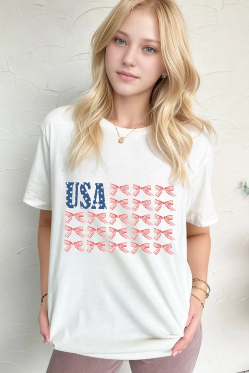 Women's T-shirt USA Flag Bow Knot Print Round Neck White Top Tee White 9d2f0e5b-959f-493a-a9d0-12778c8ddb2a-Max-Origin Trendsi