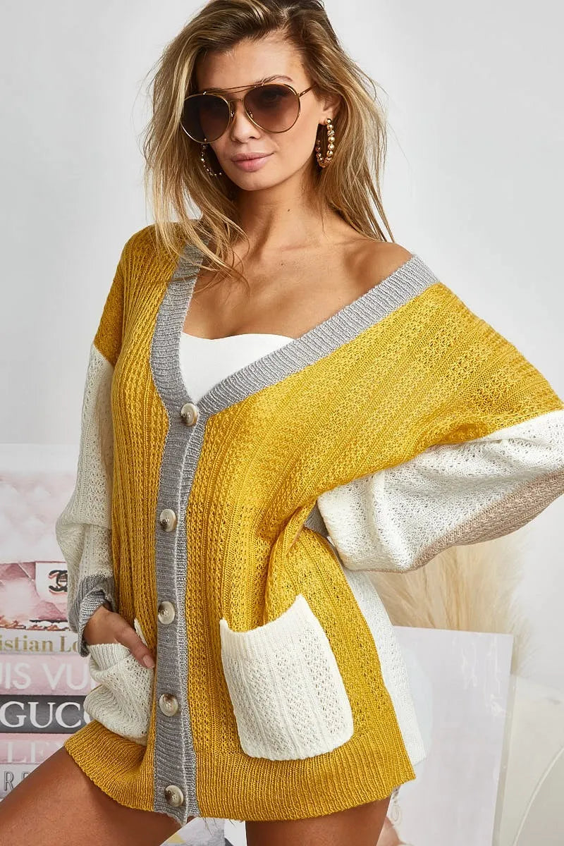 BiBi Cardigan Mustard Ivory Color Block Lightweight Knit Long Sleeve MUSTARD IVORY