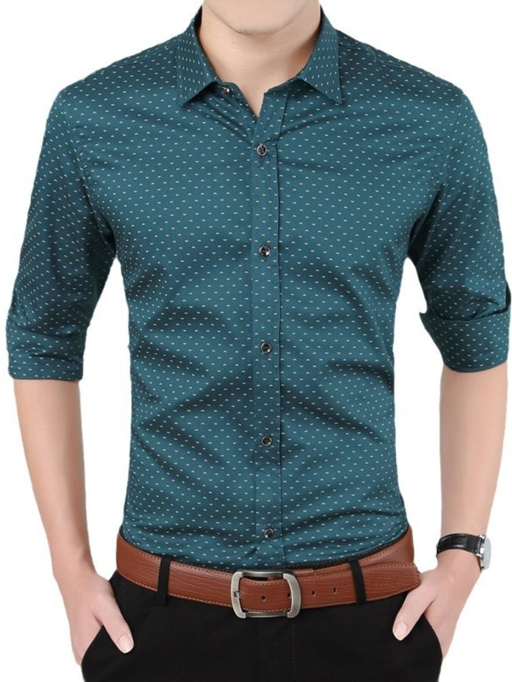 Men's Plus Size Slim Fit Dotted Pattern Button-Down Shirt, 95% Cotton 5% Spandex