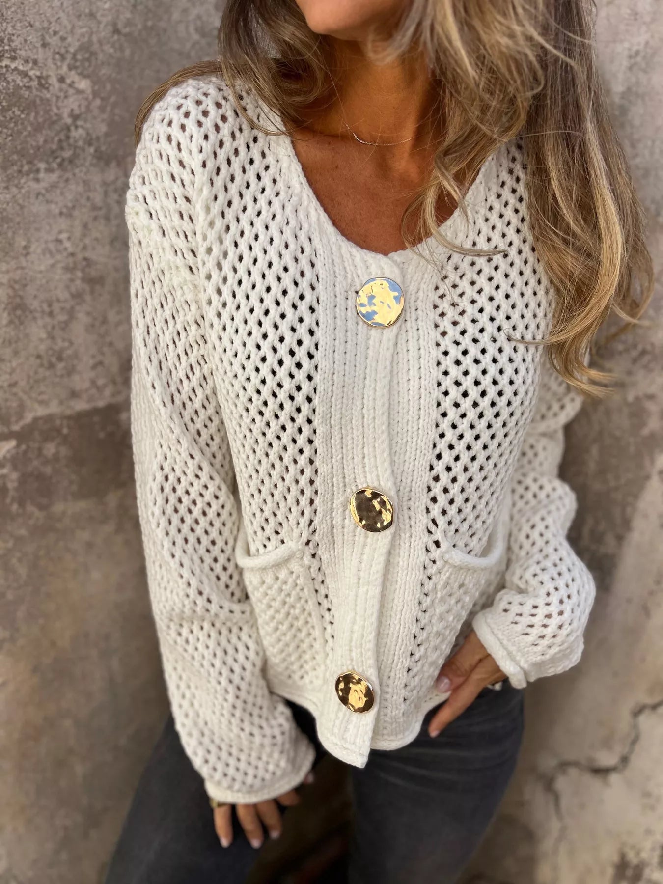 Women's Cardigan Crochet Knit Button Up Long Sleeve Ivory 9d33671bb8d9441e9a68d3207a8a5ee5-Max-Origin Trendsi
