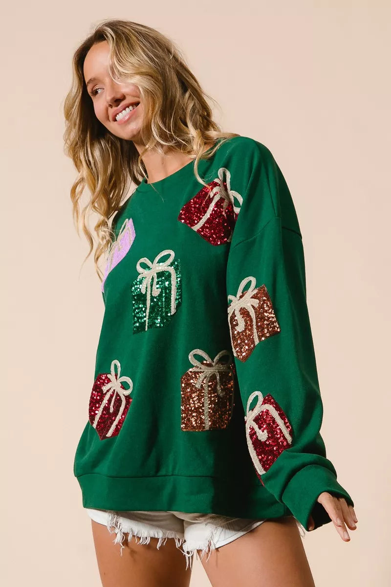 BiBi Pullover Sequin Christmas Gift Box Embroideries Green Womens Sweater 9d422e49a692459b9d200a3b6d799b07-Max-Origin Trendsi