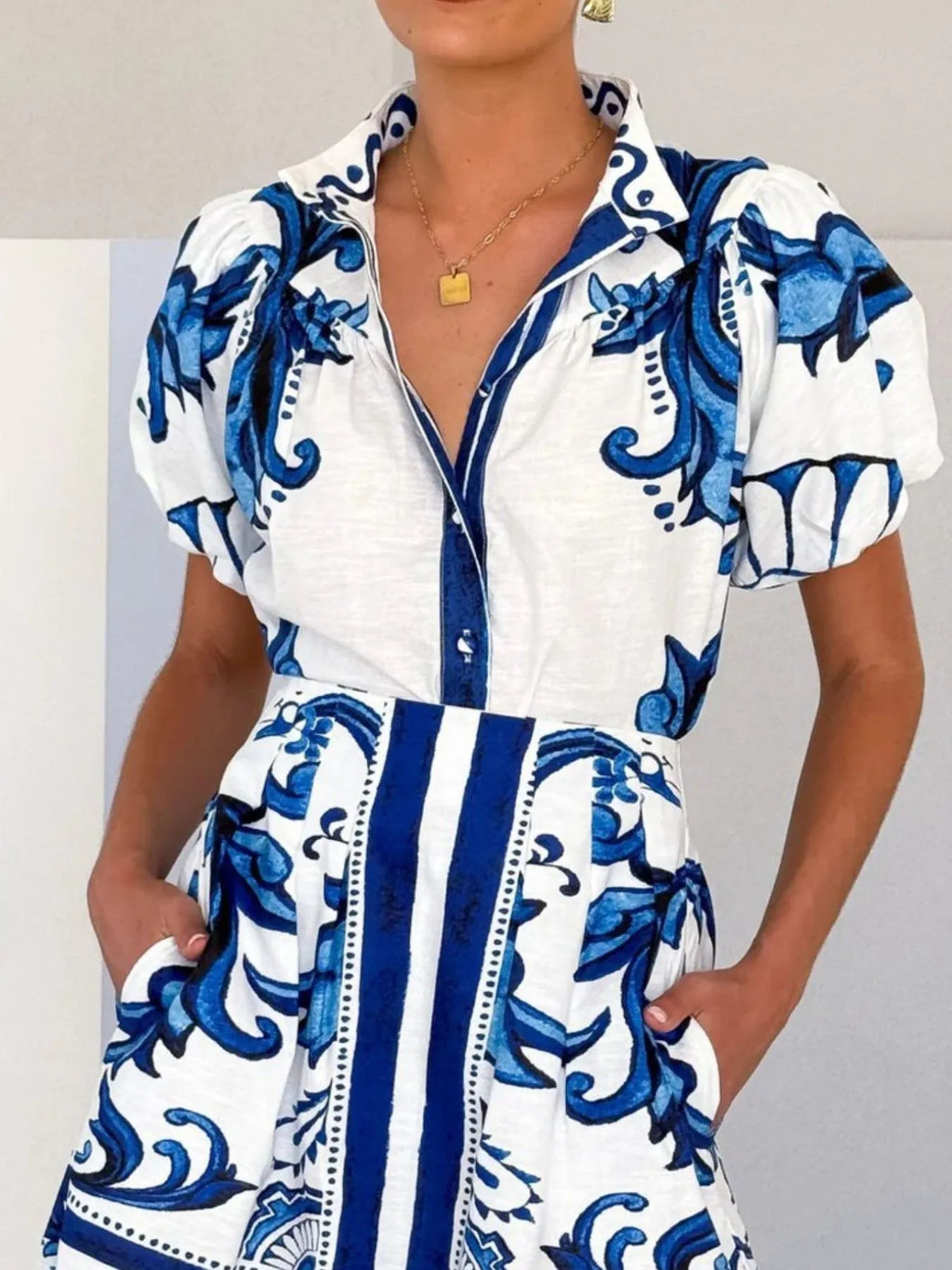 Women's Outfit Set Printed Top Puff Short Sleeve and Zip Back Skirt Sets Blue 9d471529-f33f-4230-8e86-ab2385e2edb3-Max-Origin Trendsi