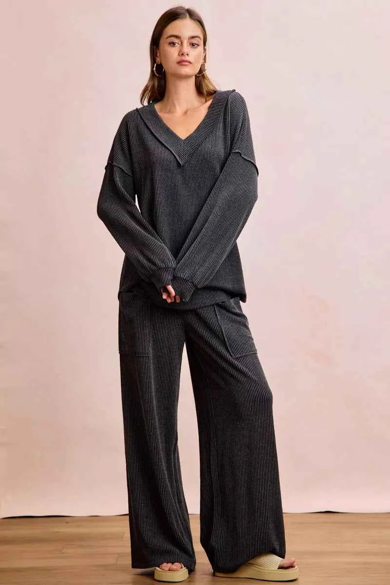 BiBi Women Tracksuit Set Black Cord Rib Contrast Stitch V-Neck Top and Pants 9d4acf2996054e8bbfd7fb5a0b0cd399-Max-Origin Trendsi