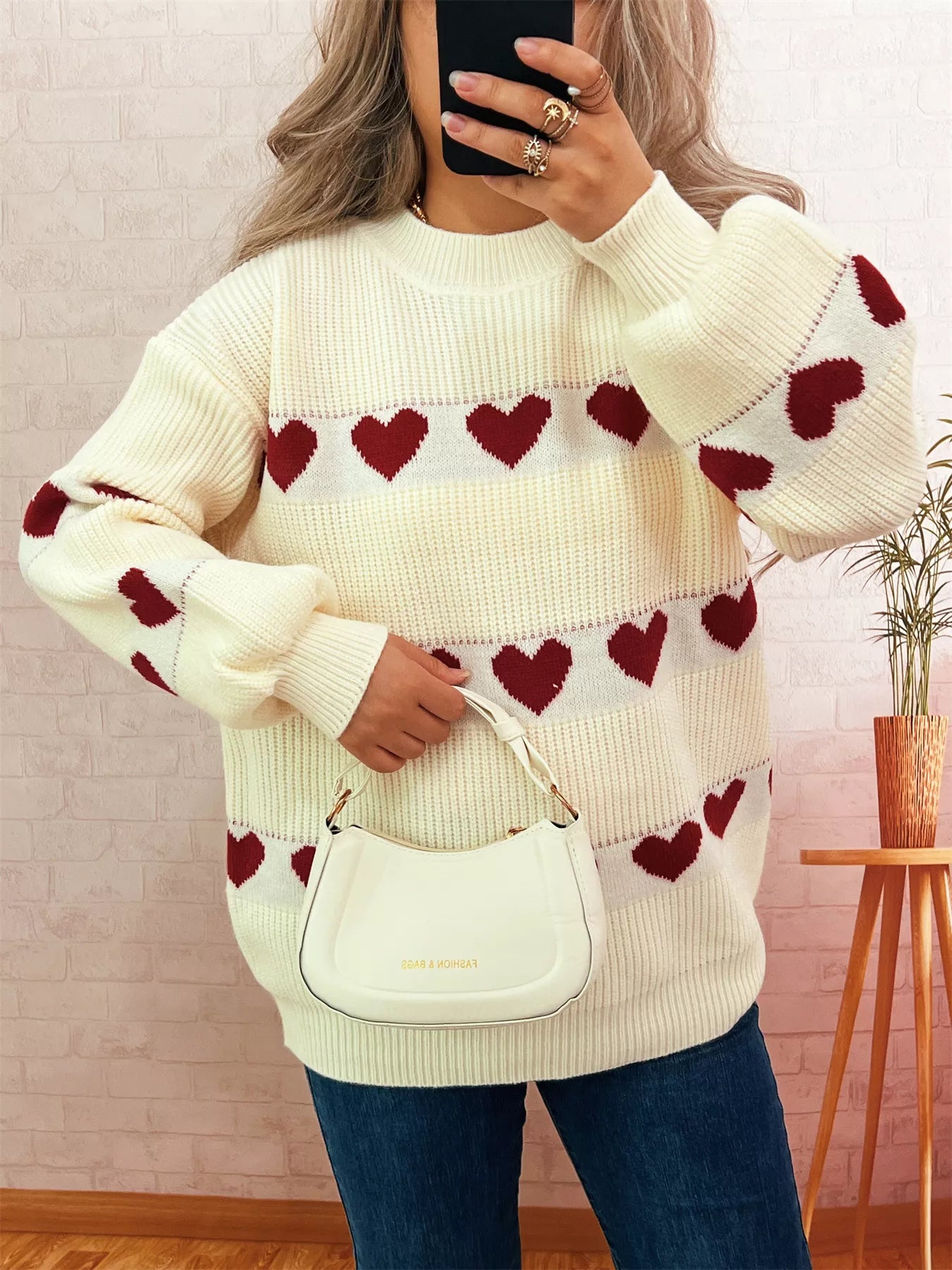 Women's Sweater Heart Pattern Dropped Shoulder Long Sleeve Puulover Gray white One Size 9d4e5e18f3a940d3906529684e75df51-Max-Origin Trendsi