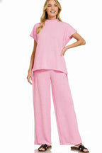 Zenana Outfit Set Pink Raised Rib Short Sleeve Top Tee & Pants 9d54e82c-5c52-457e-b86e-59783f9b5de0-Max-Origin Trendsi