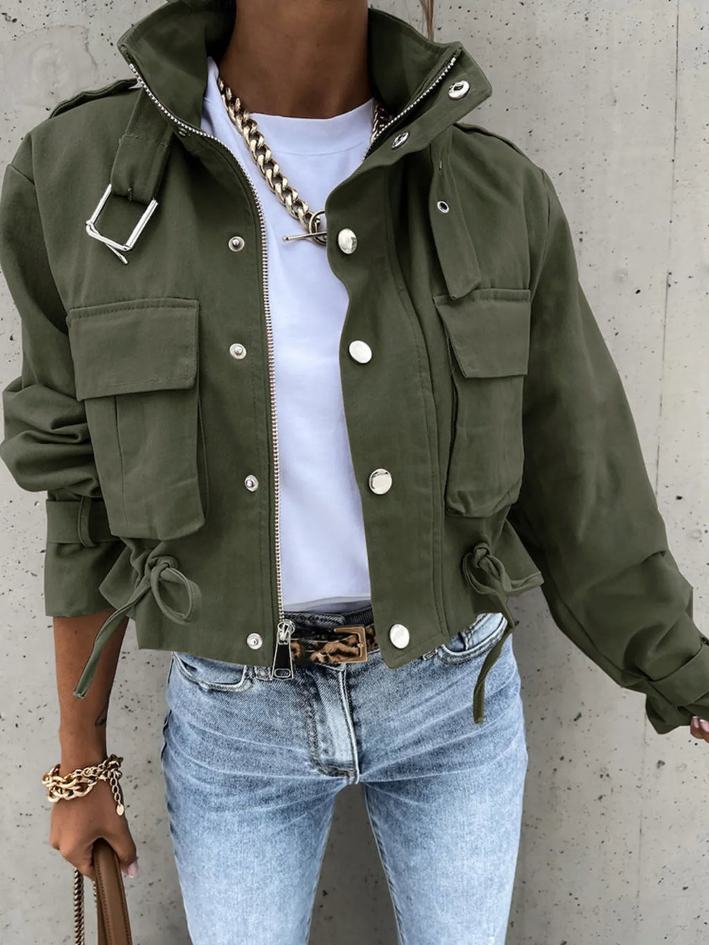Women's Jacket Snap Long Sleeve Zipper with Drawstring Pockets Outwear Army Green 9d78198544d4424f94a99c6f4baf297e-Max-Origin Trendsi