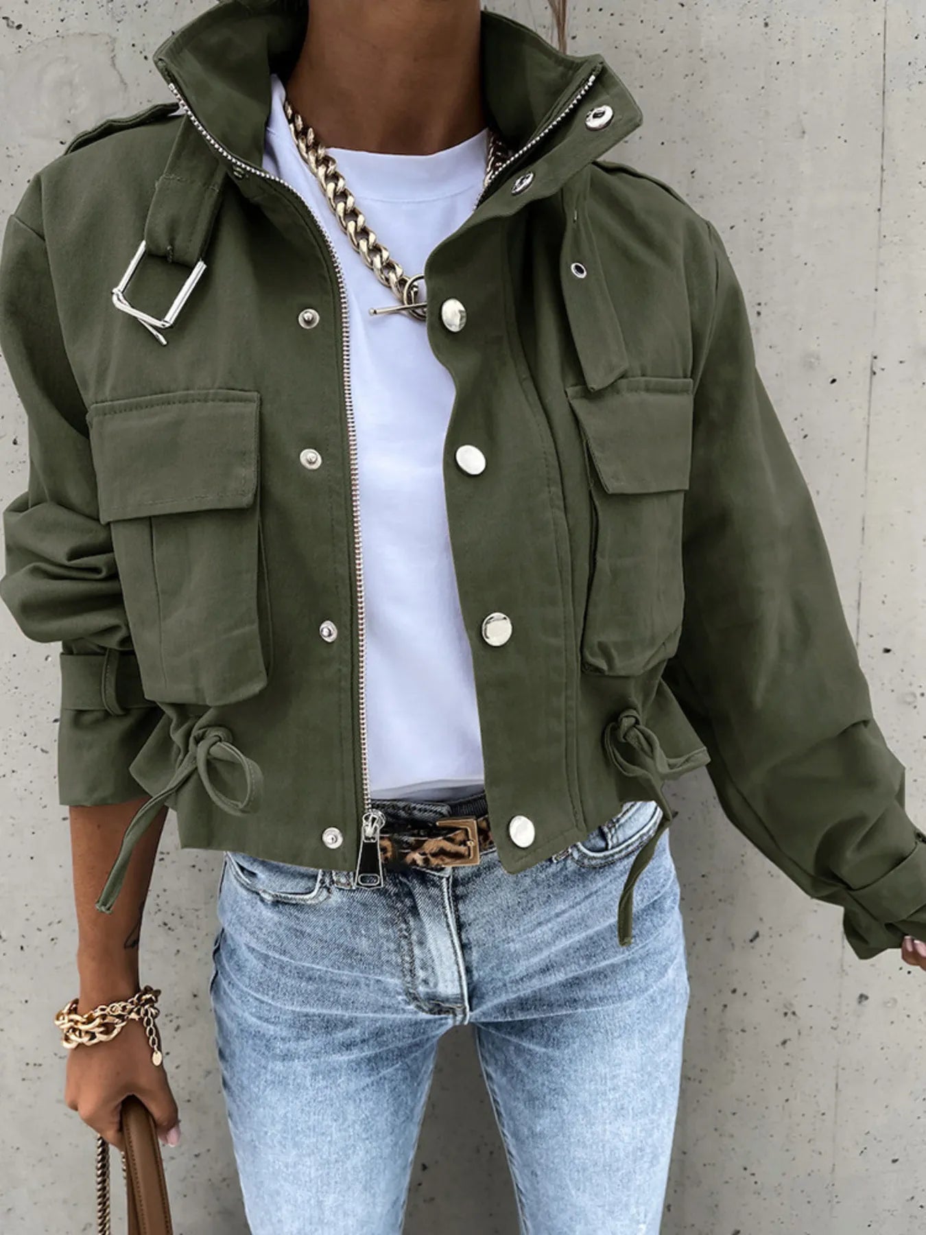 Women's Jacket Snap Long Sleeve Zipper with Drawstring Pockets Outwear Army Green 9d78198544d4424f94a99c6f4baf297e-Max-Origin Trendsi