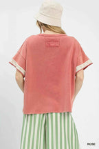 Umgee Blouse Rose French Terry Top with Flower Patch Short Sleeve 9d854789-3445-47e5-ac78-458336074c6a-Max-Origin Trendsi