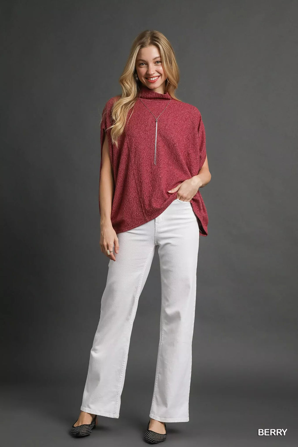 Umgee Womens Blouse Berry Textured Mock Neck Relaxed Top 9d888426-7978-4b4f-94bb-65a00f9aa499-Max-Origin Trendsi