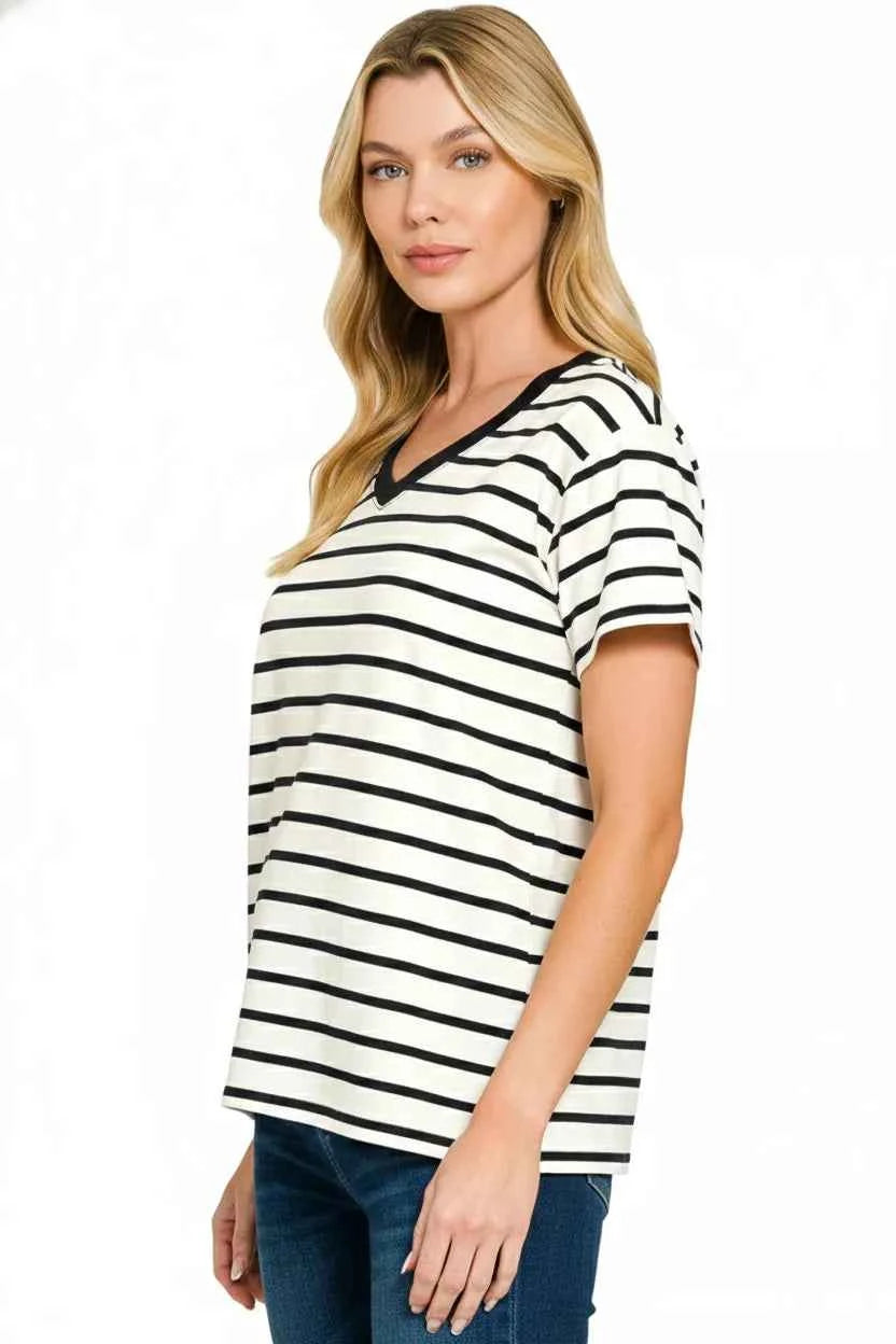 Zenana Striped V-Neck Short Sleeve T-Shirt