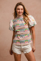 BiBi Blouse Multicolor Ruffle Neckline With Embroidery Bubble Short Sleeve Top MULTI 9d8c9e7d94b0475eb34938e403cfacbe-Max-Origin Trendsi