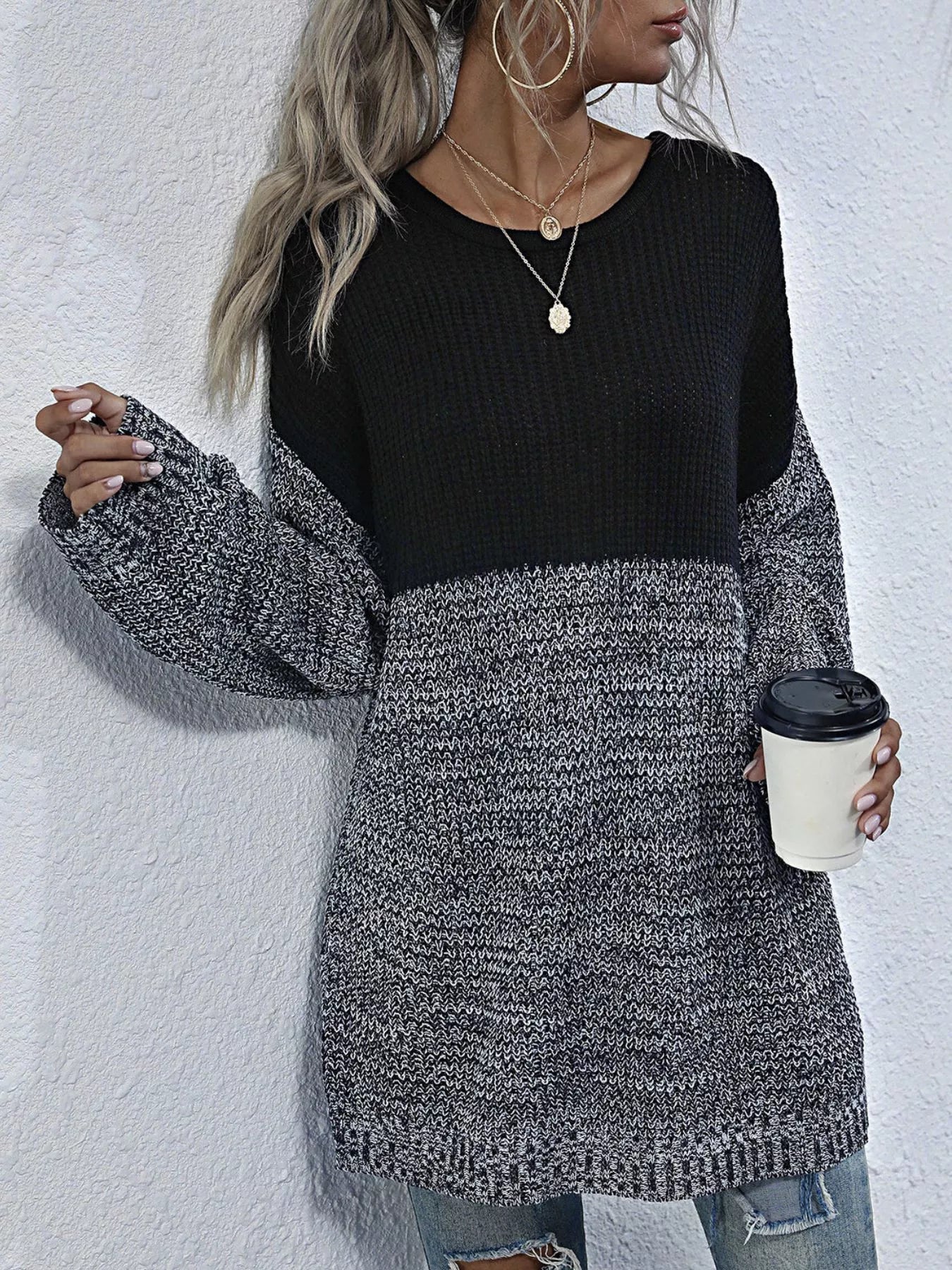 Women's Oversized Sweater Color Block Long Sleeve Knitwear Black 9d90b537-63e7-4990-9080-ca8b6808aea7-Max-Origin Trendsi