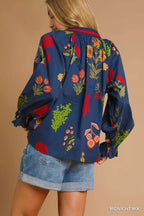Umgee Womens Blouse Midnight Blue Floral Print Flounce Sleeve Ruffled 9d9201e7-7c6e-4a5b-b060-2eb1ed3d4c3a-Max-Origin Trendsi