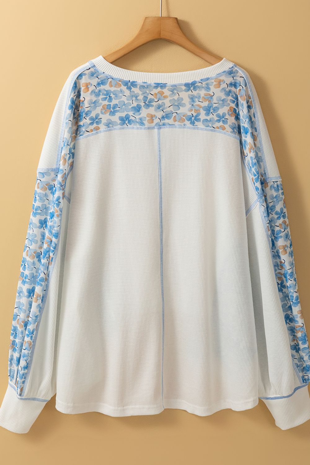 Women Blouse White Floral Blue High-Low V-Neck Long Sleeve Cotton Blend Top 9d93f9e2-5910-40a9-9747-355f1210525d-Max Trendsi