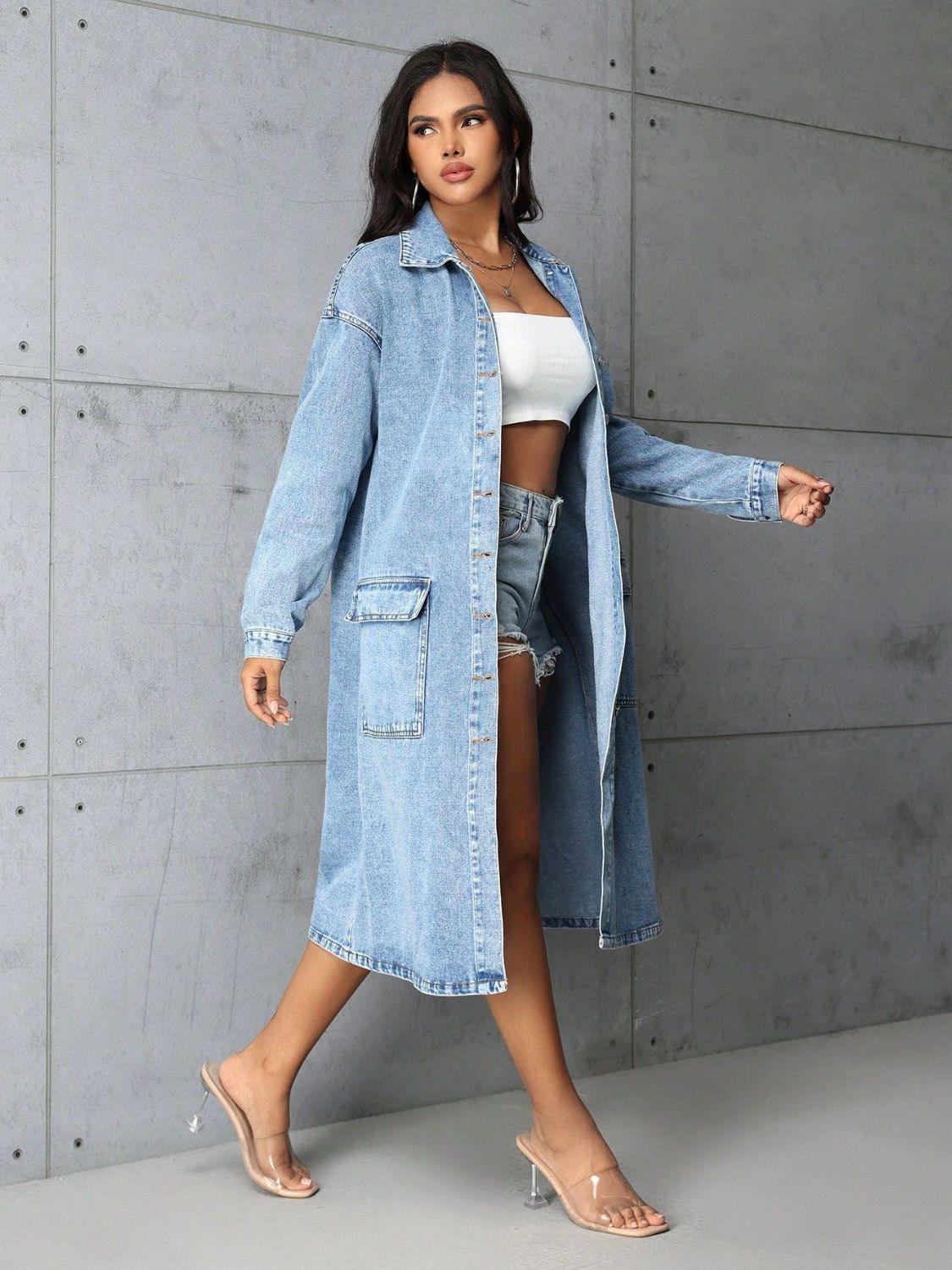 Denim Long Jacket Pocketed Button Up Collared Neck Single Breasted 9d95c6ef-5a7c-47dc-bf0c-a1bda0265a10-Max Trendsi