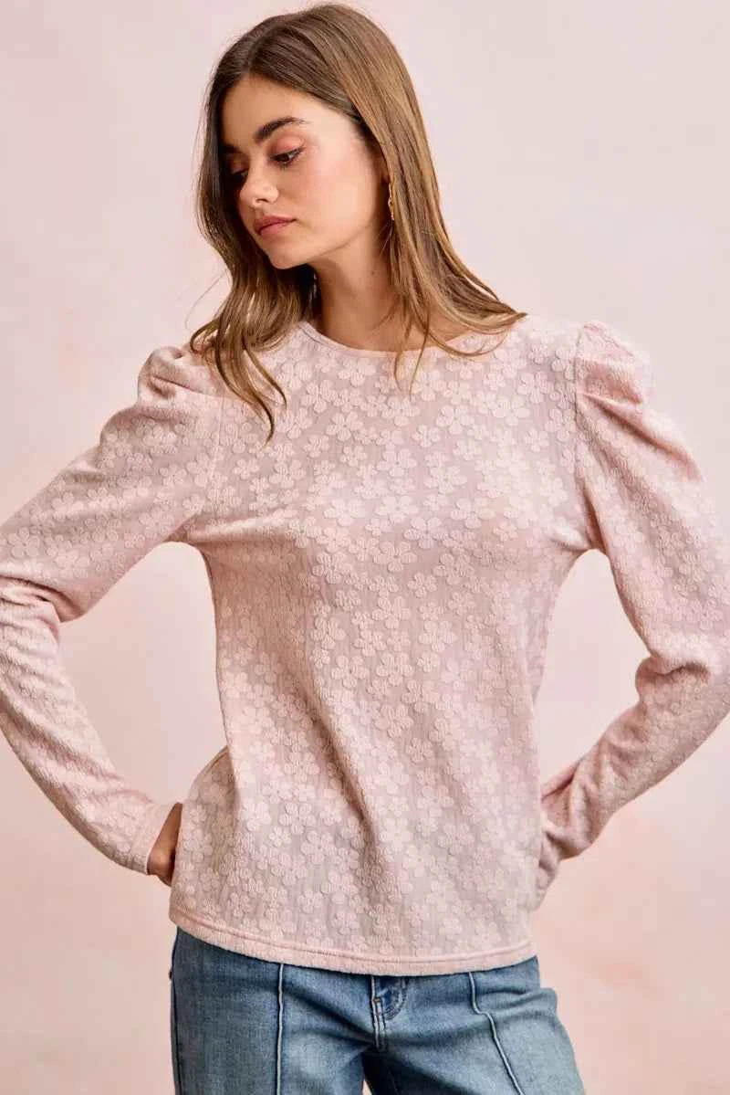BiBi Women Blouse Textured Flower Knit Blush Pink Puff Shoulder Top Long Sleeve 9d9da0c3f5ce41f2b26a38c6b0c54e2b-Max-Origin Trendsi