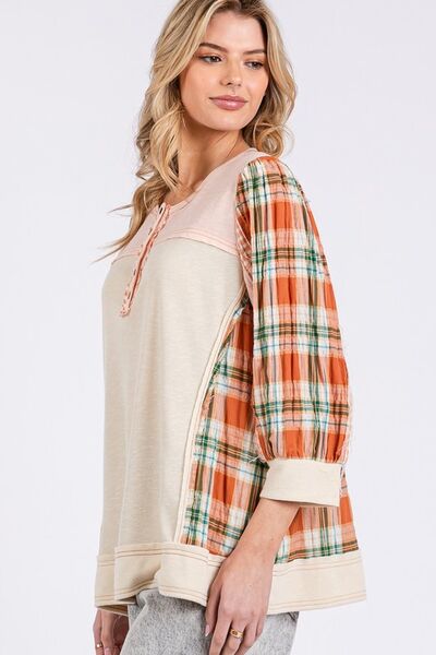 SAGE + FIG Plaid Top Exposed Seam Button Detail 3/4 Sleeve 9da18b0f-dfab-450b-b082-1f1fbf390047-Min Trendsi