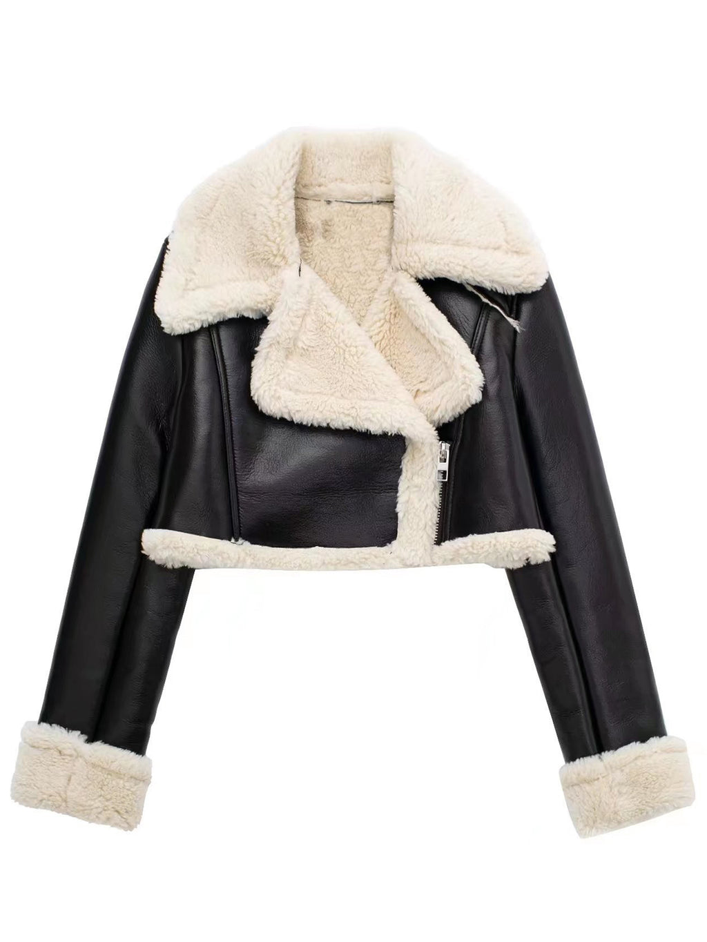 Women Faux Leather Cropped Jacket Collared Neck Long Sleeve Plush Lined 9da8a53a-3c0b-4325-93be-6b63887e76bf-Max Trendsi