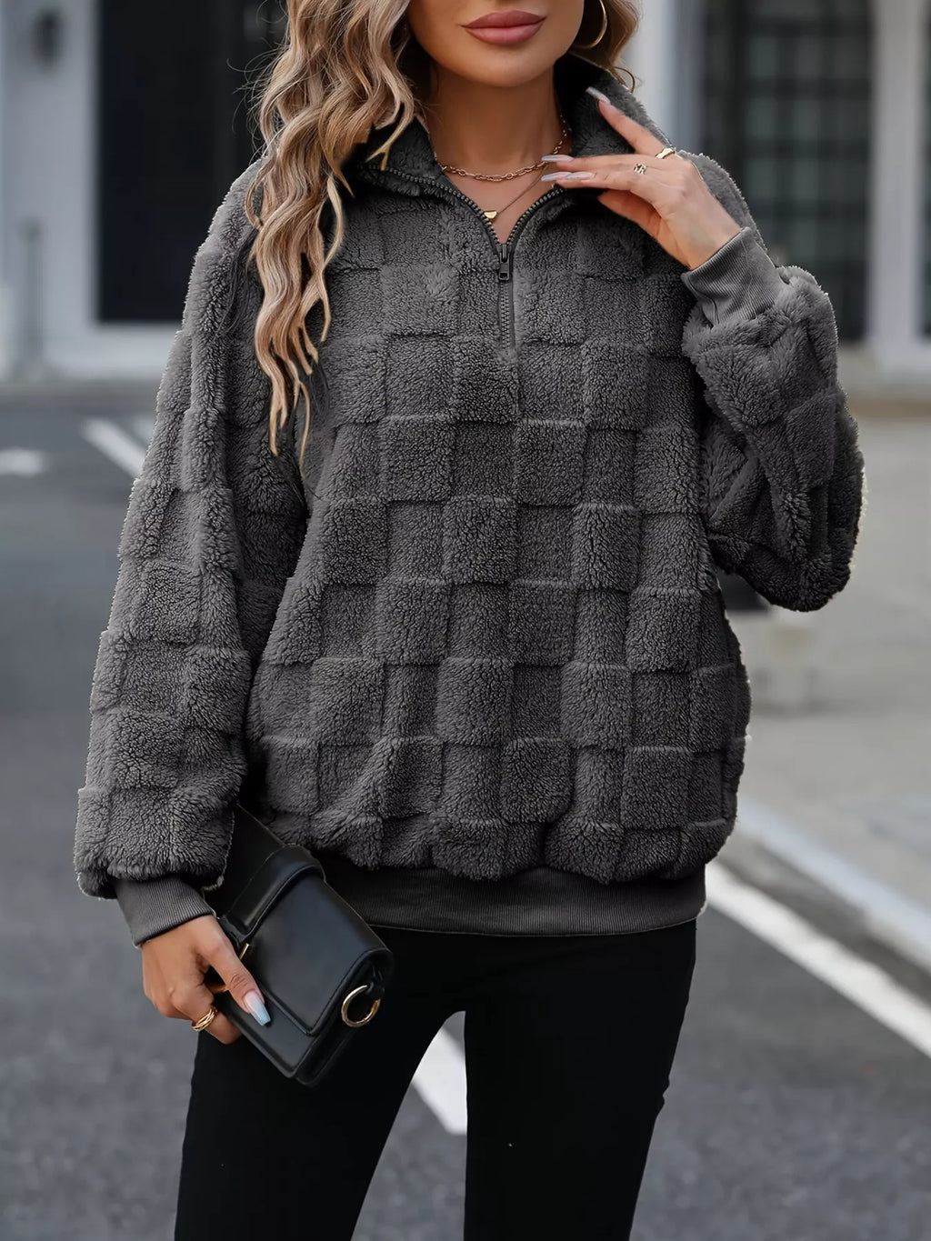 Womens Sweatshirt Cozy Checkered Fleece Dark Gray Quarter Zip Top 9da9deae9c1646d5a5ef3324270fbe0d-Max-Origin Trendsi