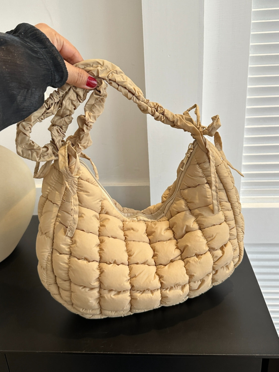 Large Shoulder Bag Bubble Square Texture Ruched Strap Quilted Zip Purses