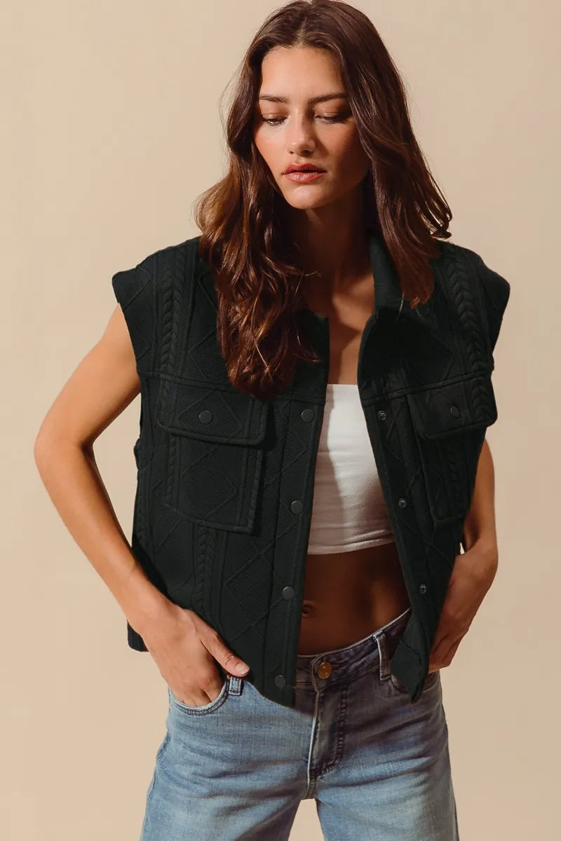 SO ME Button Up Knit Vest Black Cable Quilting Stitch Sleeveless Pocketed BLACK 9db14d6e-b467-4b7b-995c-af2115886c09-Max-Origin Trendsi