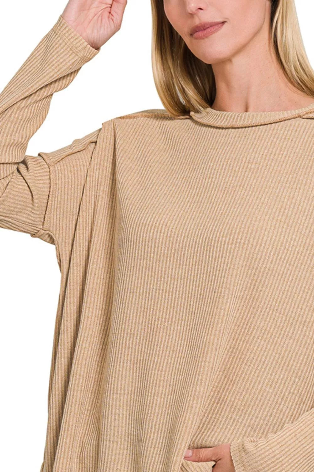 Zenana Womens Sweater Beige Ribbed Drop Shoulder Round Neck Oversized 9db2cf4b-bf1f-4523-9977-1f2288749372-Max-Origin Trendsi