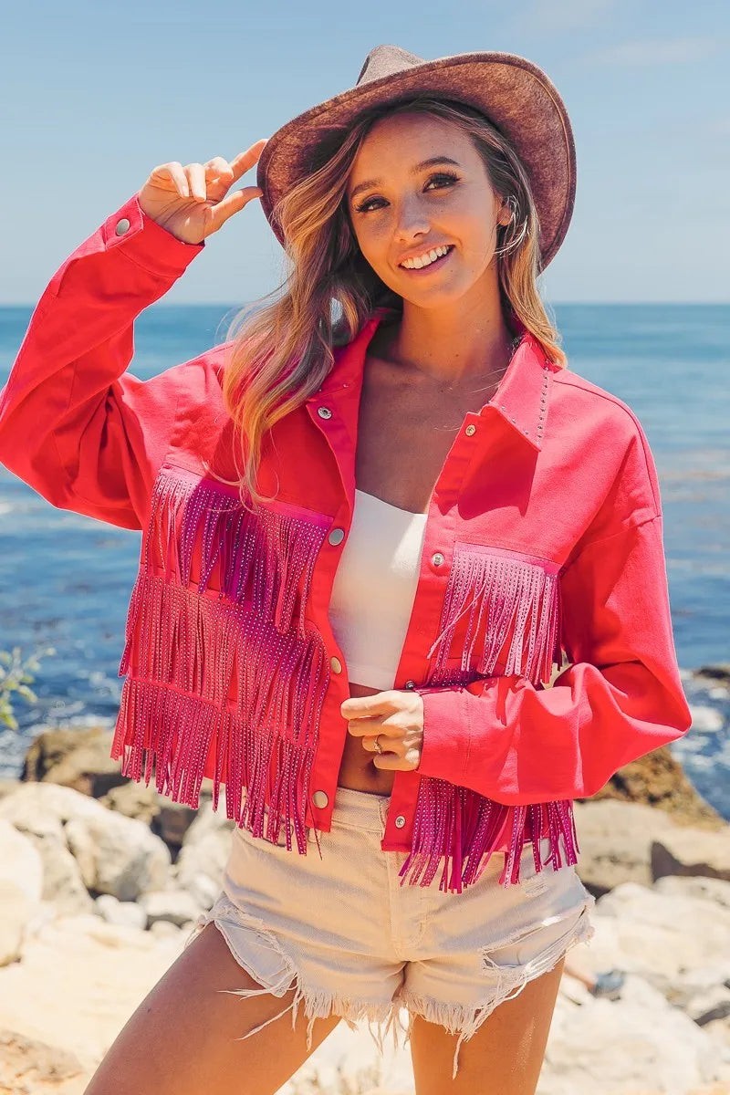 BiBi Jacket Rhinestone Fringe with Studed Collar Tasseled Fuchsia Pink 9db5146ed5a14dd6b55a2200aaf248d2-Max-Origin Trendsi