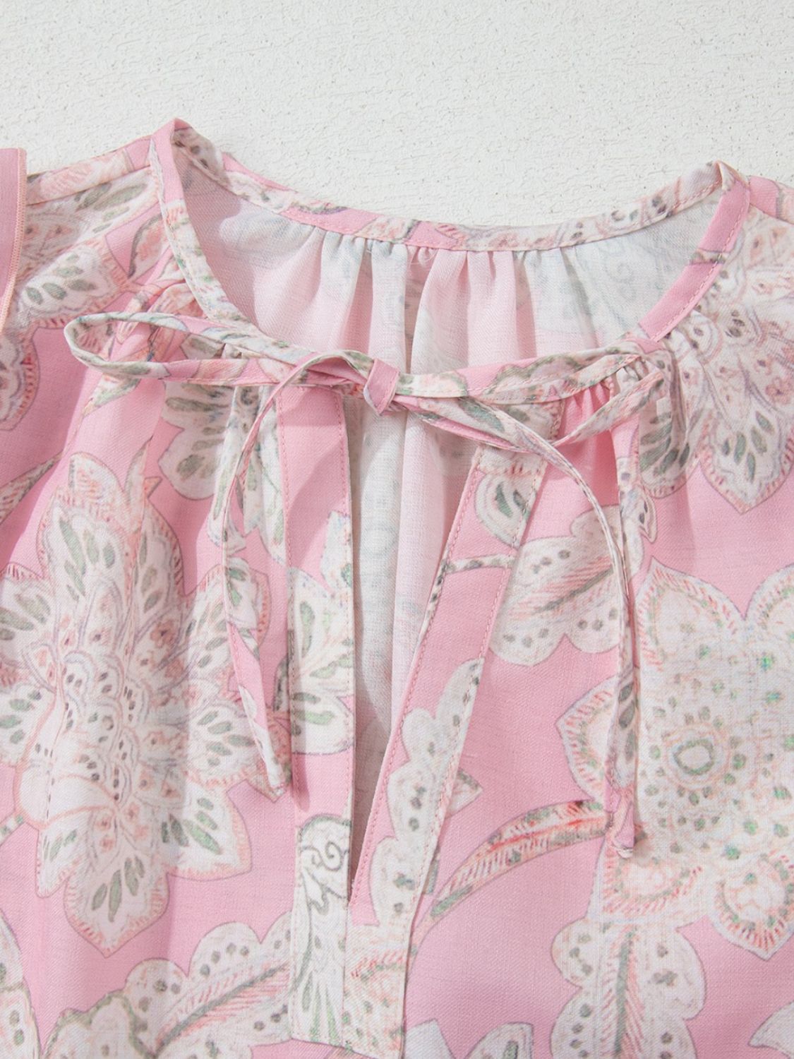 Floral Blouse Ruffle Tie Neck Puff Short Sleeve Blush Pink Top 9db890d6-f188-4081-bba2-deaa1b43a851-Max Trendsi