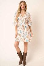 Mittoshop Mini Dress Flower Print Mocked Waist V Neck Short Sleeve TEAL COMBO 9db8b84012a74378b6af9286c1e2e35c-Max-Origin Trendsi
