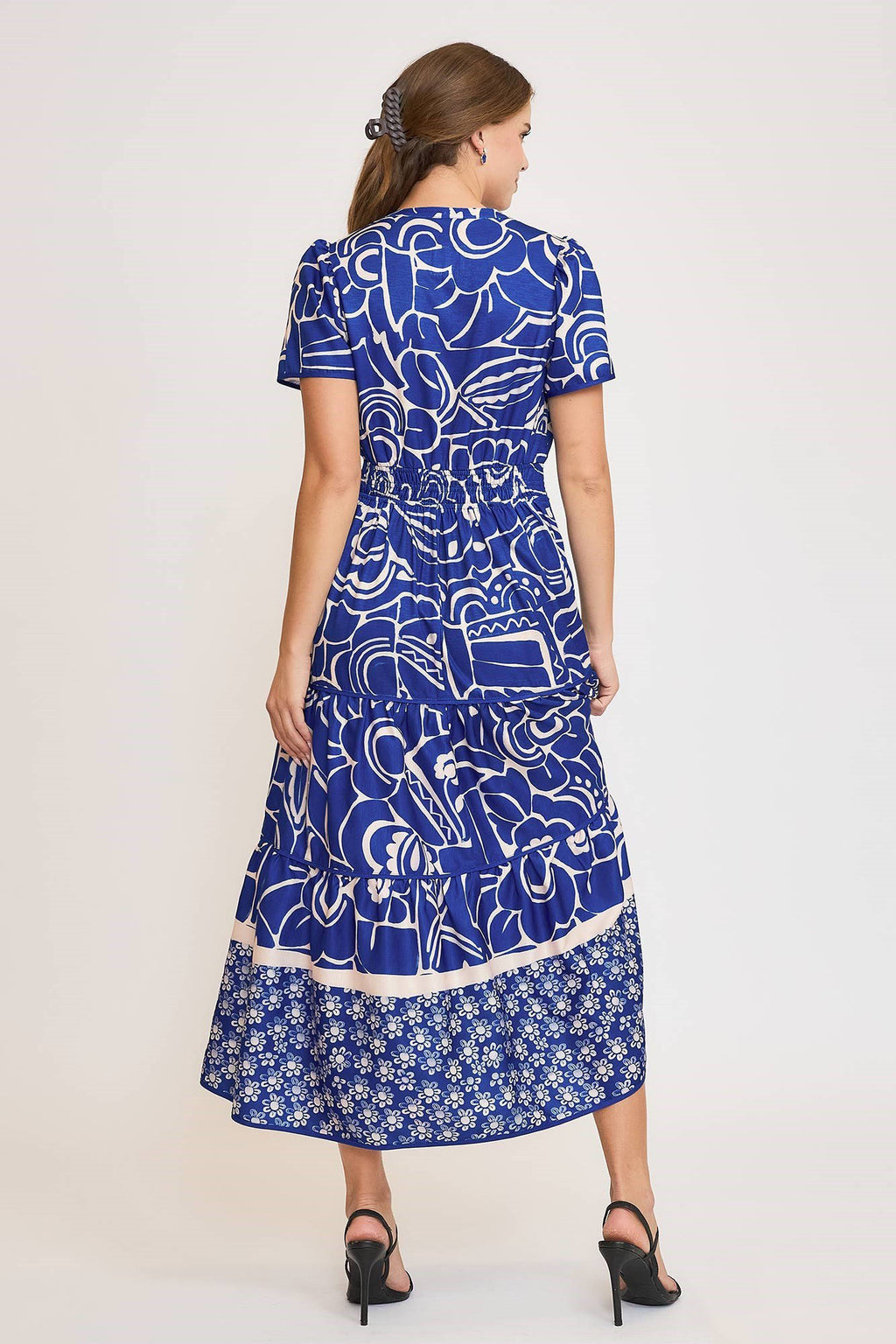 Umgee Midi Dress Royal Blue Printed Notched Short Sleeve Tiered 9dc4b838-c953-482c-bc10-34b8267e4ee6-Max Trendsi