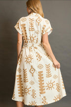 Umgee Midi Dress Tan Abstract Print Elastic Waist Collared Short Sleeve 9dc6fecd-488c-4bd2-9702-c5d07feacff7-Max Trendsi