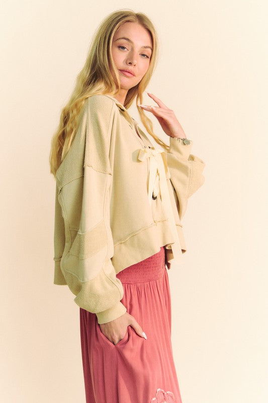 Women's Lace Up French Terry Top Davi & Dani Exposed Seam Long Sleeve Tan 9dca0e4c-e2b7-4761-bf35-41752674b2a1-Max Trendsi