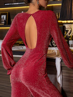 Perfee Jumpsuit Deep Red Metallized Fibres Cutout Backless Long Sleeve 9de63cb4-a5df-4797-8672-fb3102dfb3e6-Max Trendsi