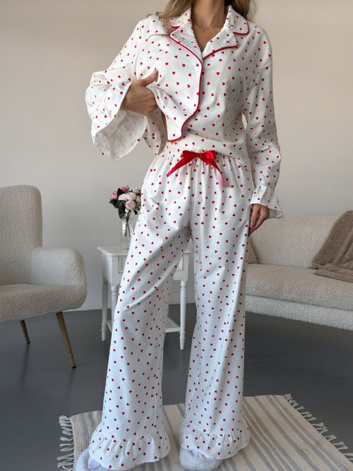 Heart Print Long Sleeve Top and Pants Lounge Set