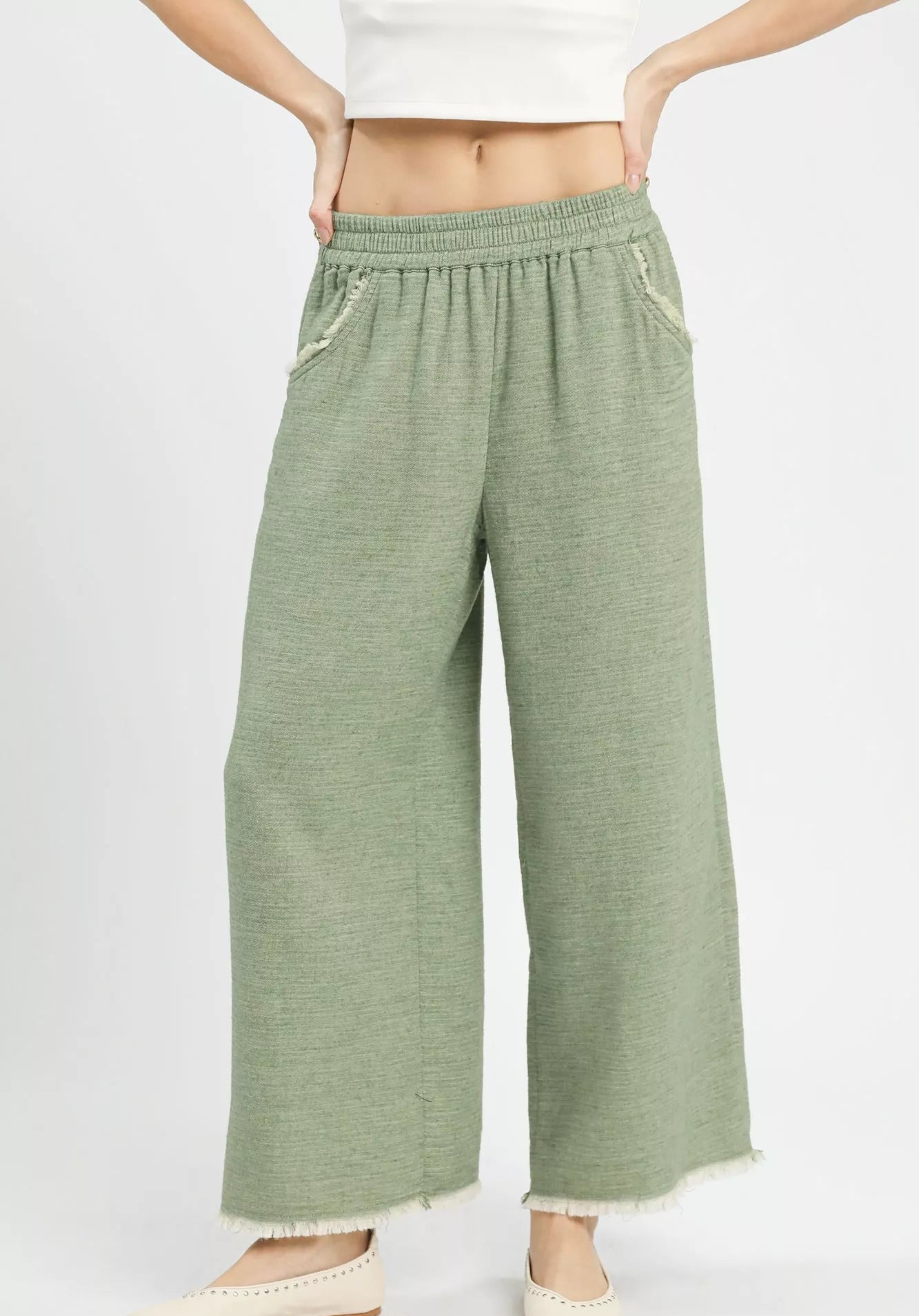 Umgee Sweatpants Wide Leg Sage Green Frayed Hem and Pockets SAGE 9dedab9e-d0bf-4622-93ff-066d70a767c4-Max-Origin Trendsi